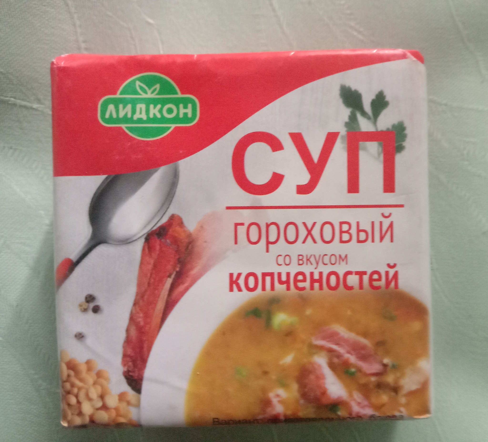 Суп кирпич гороховый со вкусом копчёностей производства Лидкон и рулька  