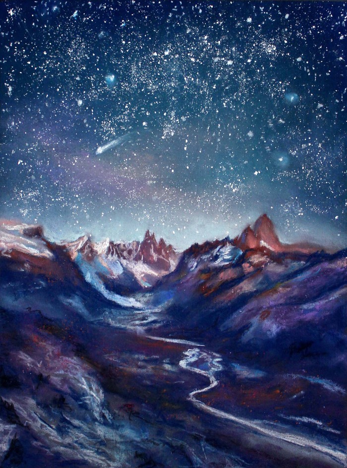 The star has flown! Make a wish - My, Drawing, Art, Sky, The mountains, Night, Artist, Painting