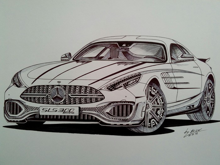 My small Sls 300 AMG concept was drawn for the 65th anniversary of the Sl 300 - My, Mercedes, Amg, Sports car, , Drawing, Pen drawing, Auto, Art