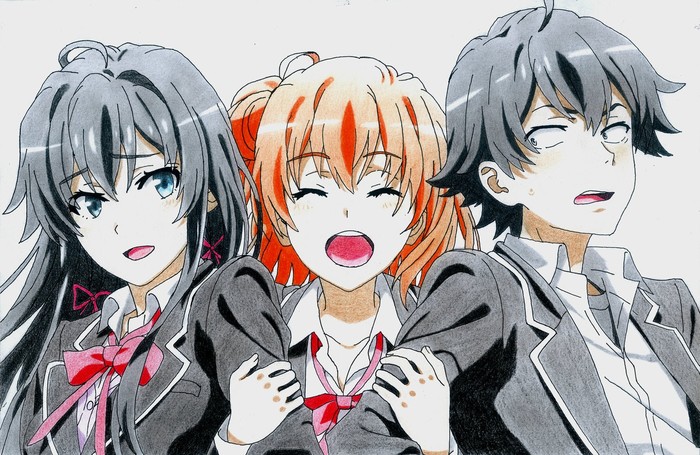 Рисунок Oregairu - Рисунок карандашом, Oregairu, Hachiman Hikigaya, Yuigahama Yui, Yukino Yukinoshita, Аниме, Не мое