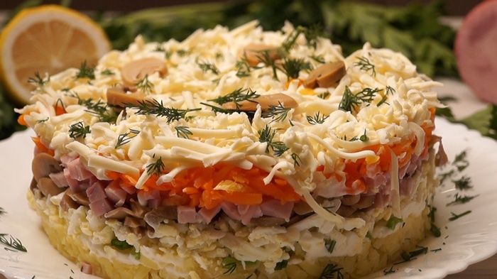 Salad with ham, mushrooms and cheese - My, Salad, , Recipe, Video recipe, Video, Longpost