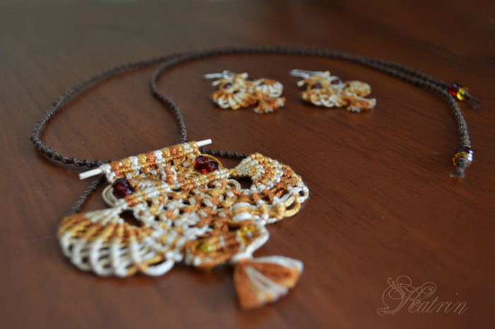 Set Owl Macrame. - My, Macrame, Owl, Earrings, Necklace, Needlework without process, Longpost