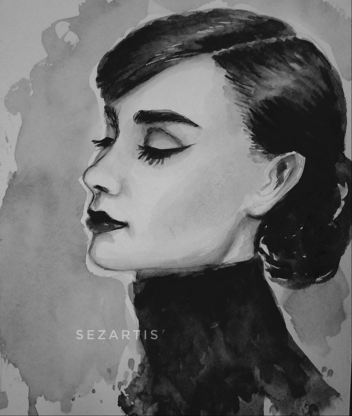 I want to share the leveling of the skill!) seems to be normal, isn't it? - My, Art, Art, Watercolor, Painting, Creation, Portrait, Audrey Hepburn, Longpost