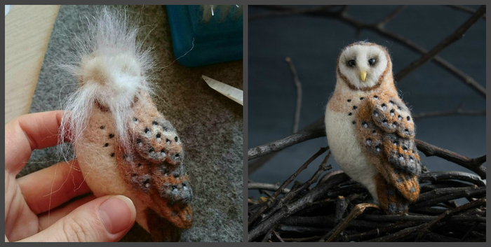 Barn owl brooch. Before after - My, Needlework with process, Barn owl, Dry felting, Brooch, Owl