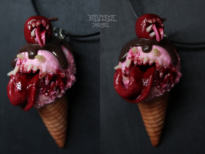 Hungry ice cream Cherry and chocolate - My, Polymer clay, Ice cream, Cherry, Chocolate, , Hunger