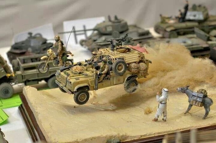 Squad on the march - Stand modeling, Jeep, Bike, The soldiers, Desert, Donkey, The photo