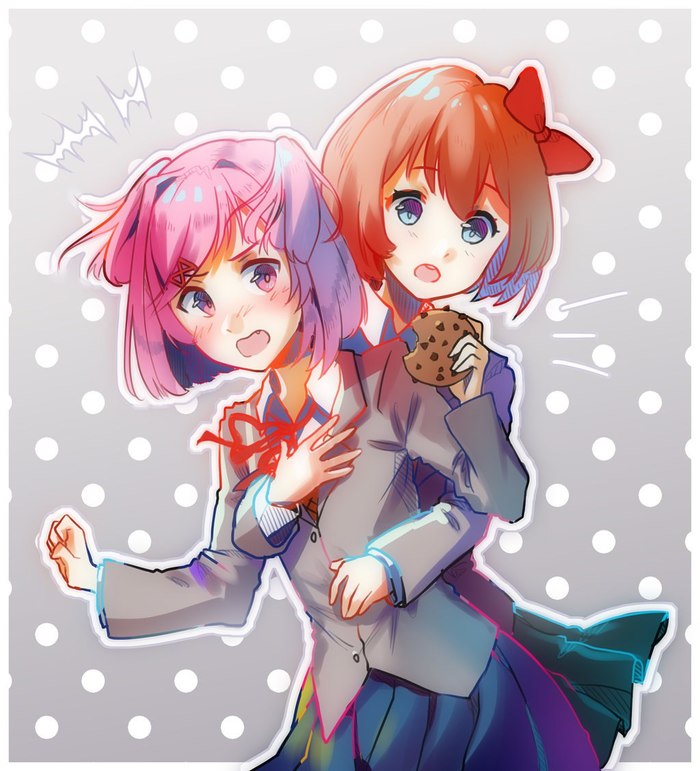 Печеньковый вор снова в деле! - Doki Doki Literature Club, Sayori, Natsuki, Anime Art, Аниме, Визуальная новелла, Не аниме, Арт