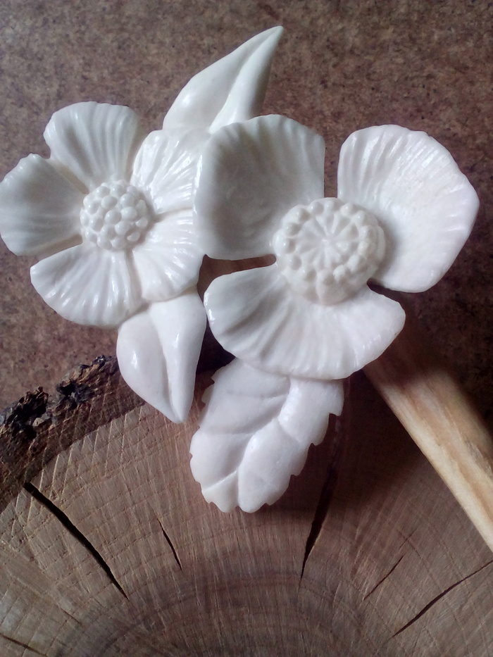 Hairpin Flowers - from Elk horn (not ceramics).))) - With your own hands, My, Longpost, Bone carving, Needlework without process