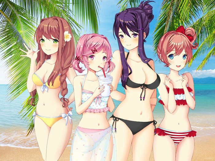 On the beach - Natsuki, Monika, Yuri, Doki Doki Literature Club, Not anime, Art, Anime, Sayori