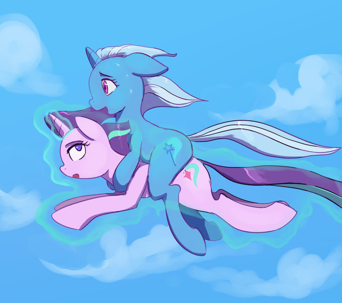 Flying startrix My Little Pony, Ponyart, Starlight Glimmer, Trixie, Raikohillust