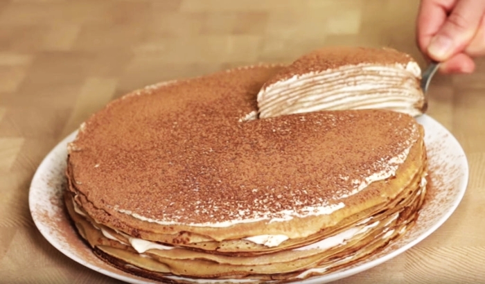 Pancake cake a la Tiramisu - My, pancake cake, Pancakes, Tiramisu, Dessert, Recipe, Video recipe, Video, Longpost