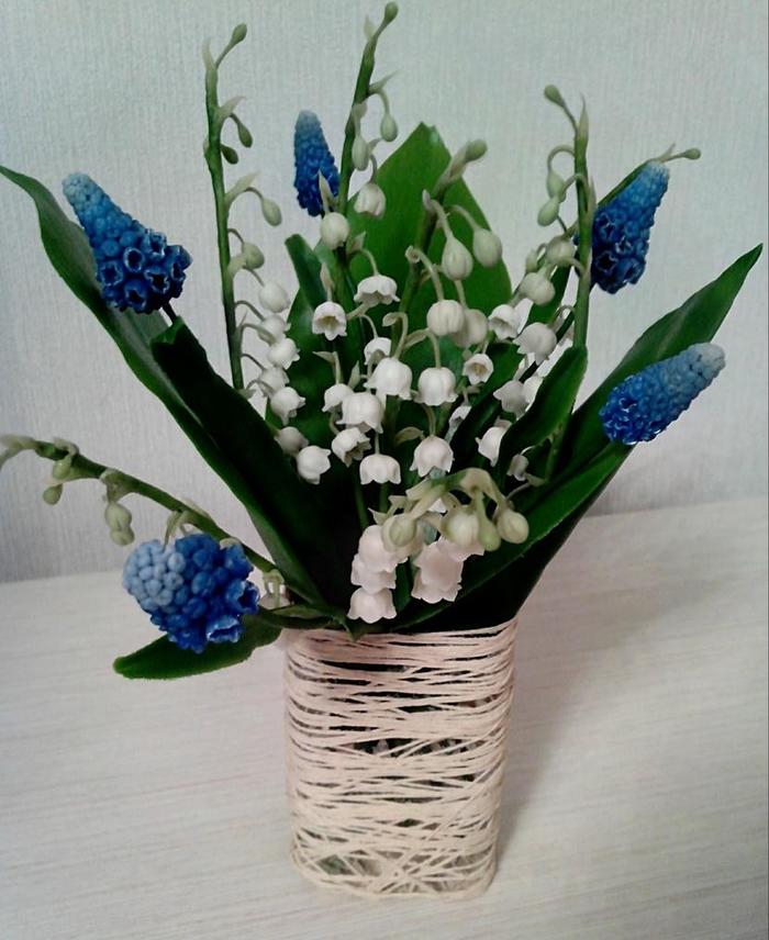 Lilies of the valley and muscari. Cold porcelain. - My, Lilies of the valley, Bouquet, Cold porcelain, Polymer clay, Polymer floristry, Needlework without process