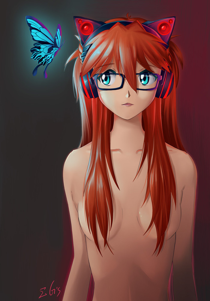 Yes, glasses... But you won't blab, will you? - NSFW, Evangelion, Anime art, Anime, Asuka langley