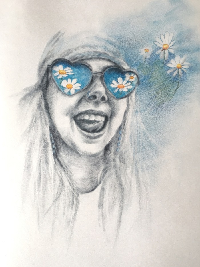 Chamomile - My, Chamomile, Portrait by photo, Dry brush, My, Luboff00, Drawing