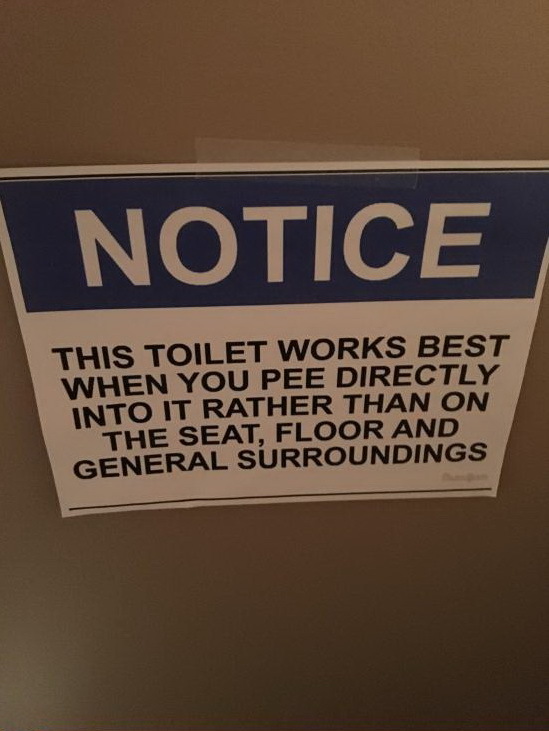 When the cleaning lady is too well-mannered to directly call office workers crooked (y><x) them morons - Toilet, Toilet, Announcement, Urination