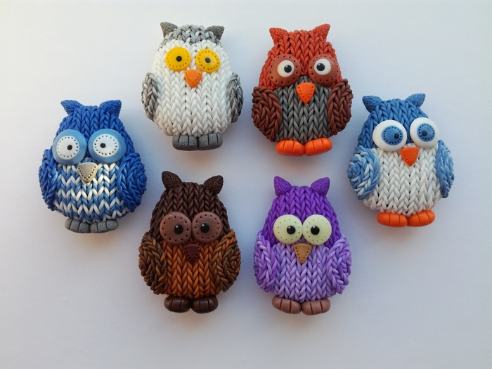 Knitted family. - My, Owl, Polymer clay, Brooch, Magnet, Needlework without process
