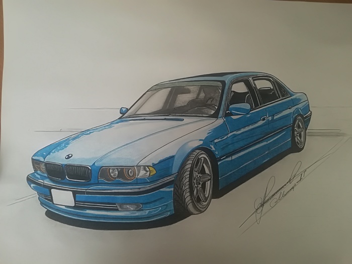 BMW E38 - My, Auto, Pencil drawing