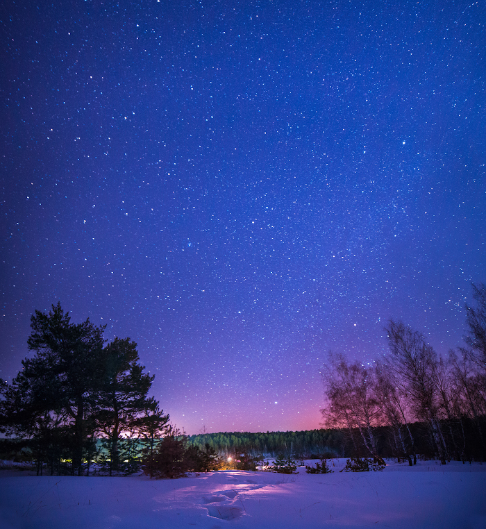 Bright night in the village - My, Winter, The photo, Sky, Stars, Landscape