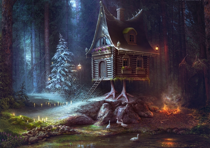 On the edge of winter - Hut, Russian tales, Fairy world, Deviantart, Digital, Art, Modern Art, Winter