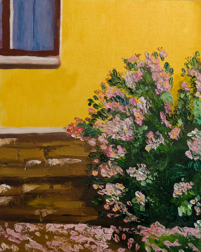 rose bush by the window - Painting, the Rose, Oil painting, My