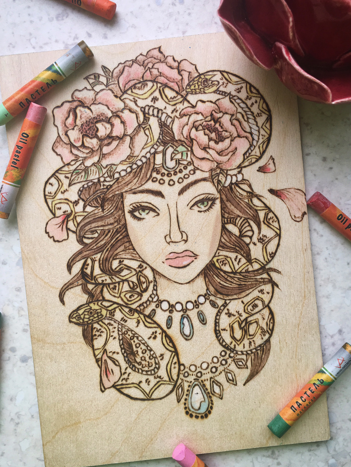 Muse Medusa. - Longpost, Pyrography, Needlework with process, Friday tag is mine, With your own hands, My