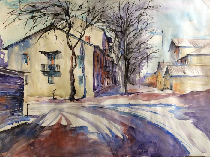 Belaya Kalitva - My, Watercolor, Cityscapes, Winter, Belaya Kalitva, Rostov region, House, Street photography