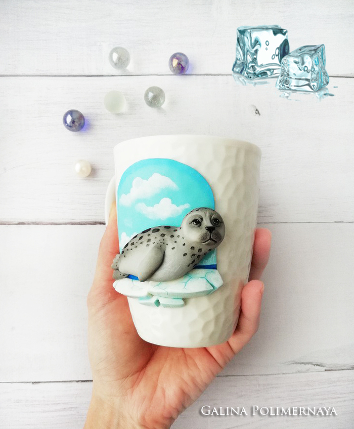 Mug with Seal ^_^ - My, Seal, Mug with decor, Лепка, Polymer clay, Needlework without process, , Longpost