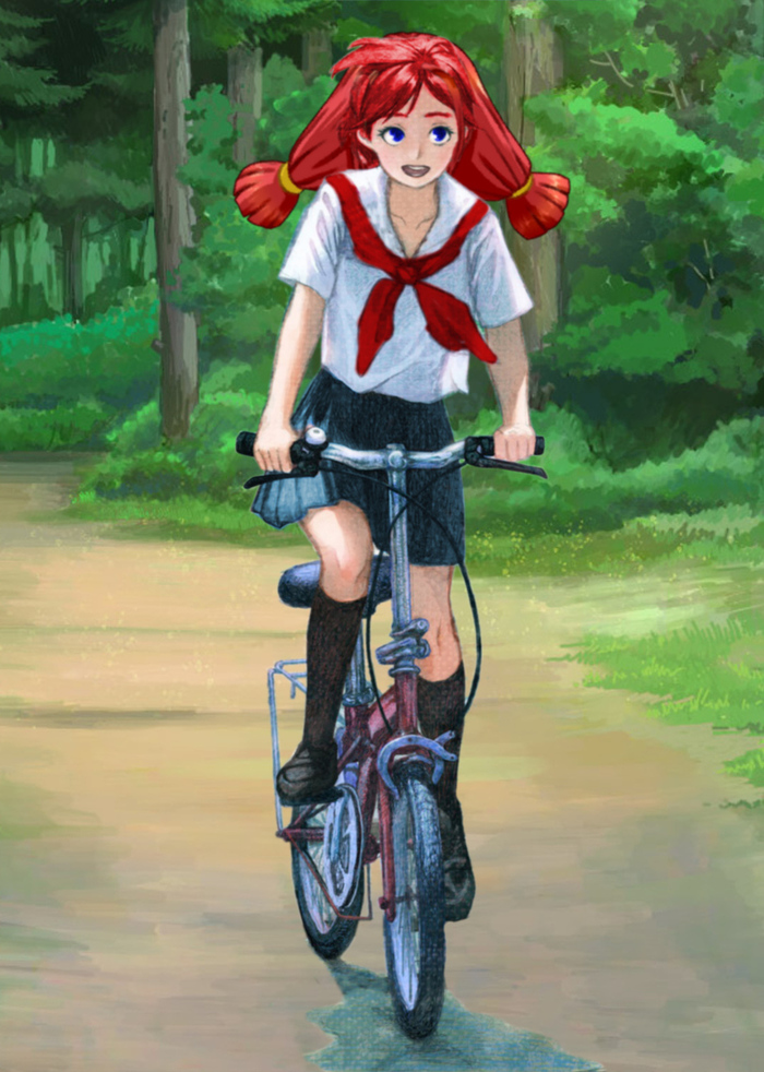 I twist, I twist, I twist, I twist the pedals ... From the mountain, from the mountain, from the mountain I fly like a bird ... - Endless summer, Visual novel, Ulyana, Art