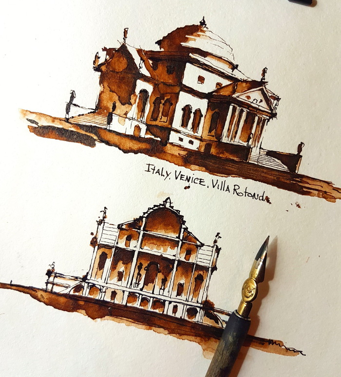 Pen and ink. Villa Rotunda. Venice. Italy. - My, Feather, Mascara, Fountain pen, Sketch, Sketchbook, Drawing, Sketch, Longpost