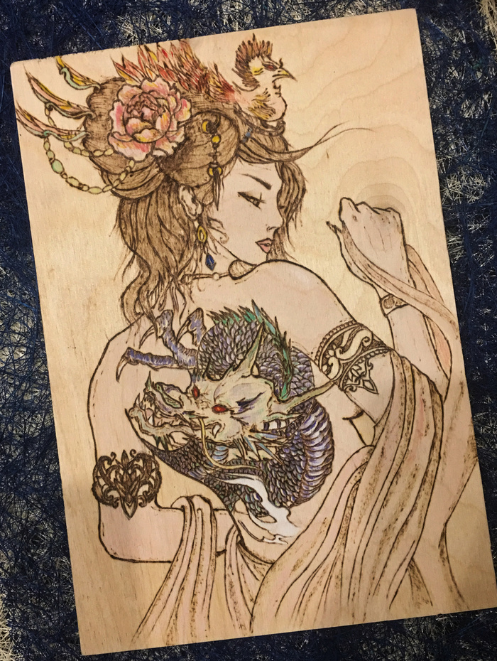Lovely girl and phoenix with mohawk - With your own hands, Needlework, My, Longpost, My, Creation, Pyrography, Needlework with process