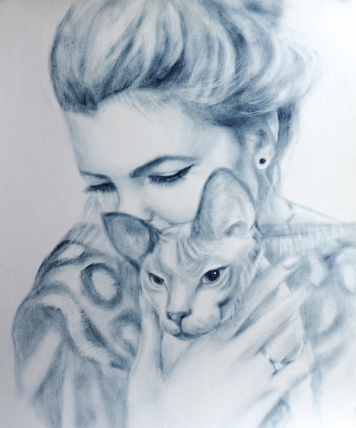 Portrait with a cat - My, Portrait by photo, cat, Graphics, My, Luboff00, Dry brush, Drawing