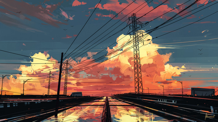 Timeless - Art, Drawing, Sky, The wire, Sunset, Alena Aenami