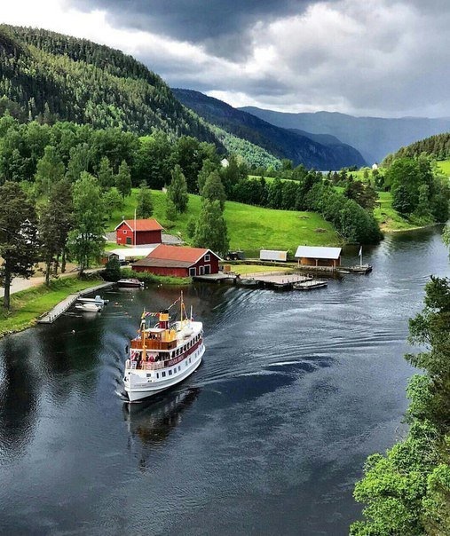 Norway - Norway, The photo, River, House, Ship, Tree, Forest, The mountains