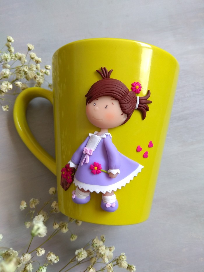 spring girl - My, Polymer clay, Mug with decor, Spring, Needlework with process, Longpost