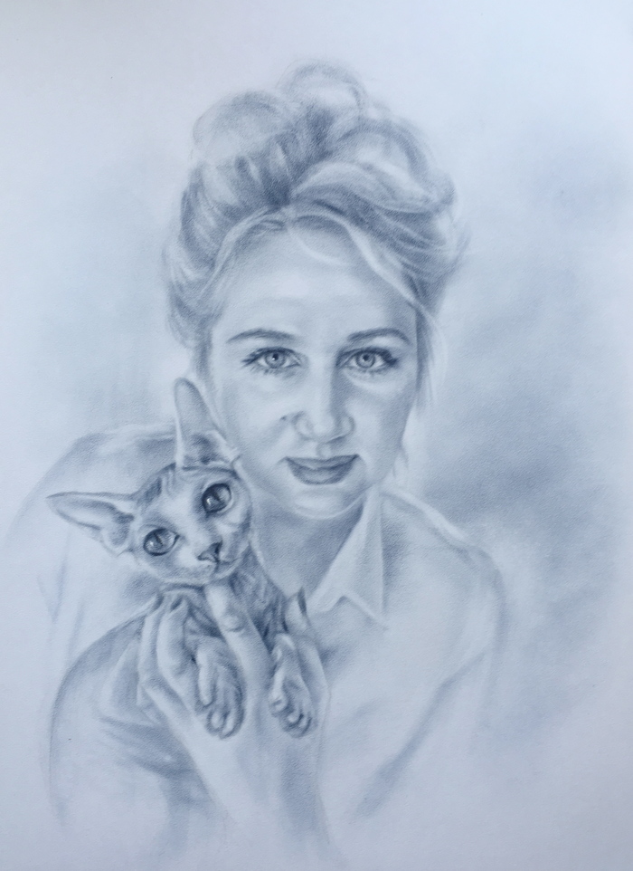 Portrait with a cat - My, Luboff00, Portrait by photo, Portrait, Female, Drawing, cat, Animals, Dry brush, Women