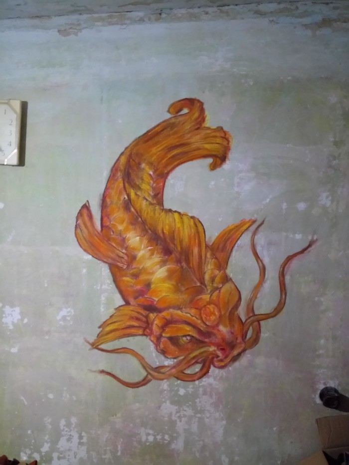 Wall painting, dry pastel - in progress. 60 percent done... - My, Painting, Wall painting, Longpost, A fish, Graphics, Pastel