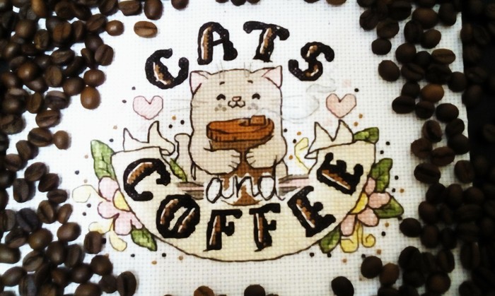 cat and coffee - cat, Coffee, Cross-stitch