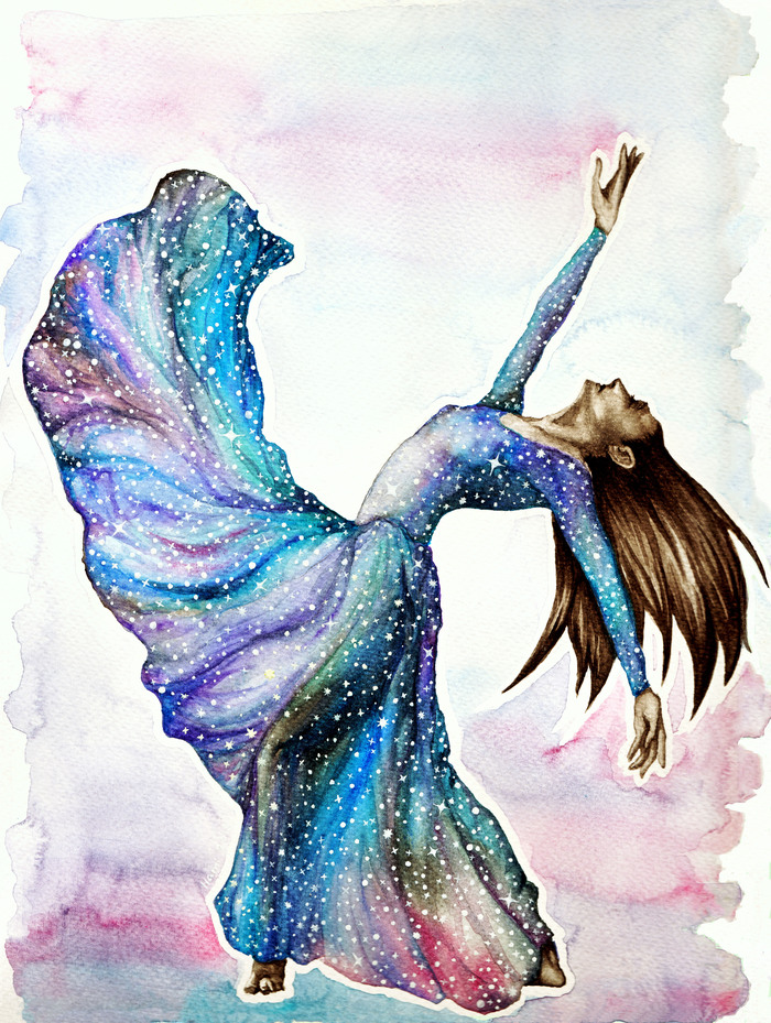 Illustration for the riddle - My, Watercolor, Drawing, Space, Art, Stars, Girls, The dress, Stars