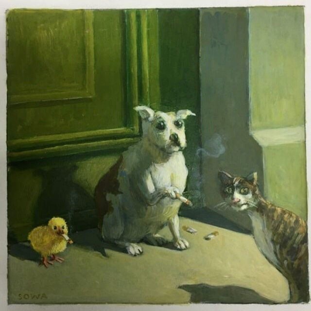 Good company - cat, Dog, Chickens, Painting