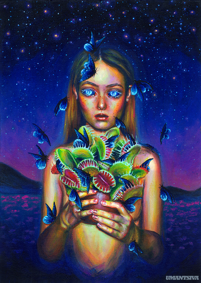 Trapped - My, Surrealism, Painting, Art, Creation, Venus flytrap, Acrylic, Girls, Butterfly