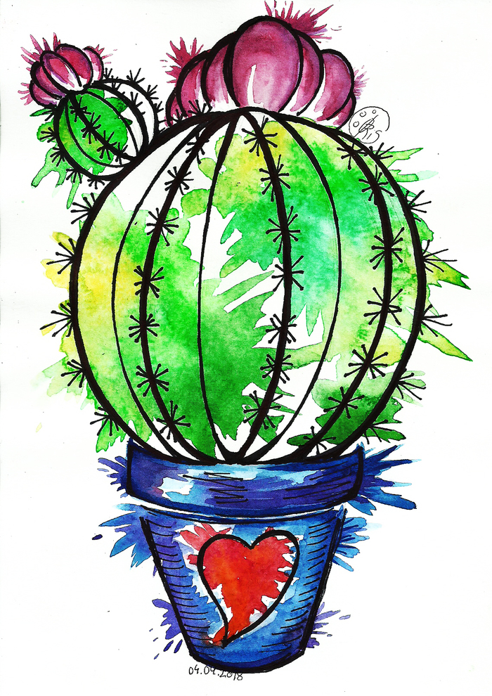 Cactus. - My, Drawing, Watercolor, Marker, Graphics, Cactus, Flowers, Plants, Heart