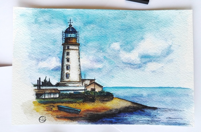 Lighthouse - My, Watercolor, Drawing, Hobby, Lighthouse, Landscape, Shore