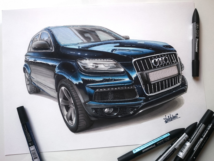 Audi Q7. A3 size. In the work used: markers, pencils. - My, Drawing, Audi, Audi Q7, Sketch, Auto, Marker, Pencil