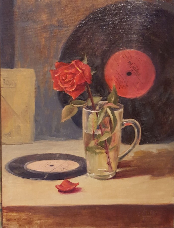 Loneliness - My, the Rose, Painting, Still life, Vinyl records, Butter, Painting, Flowers