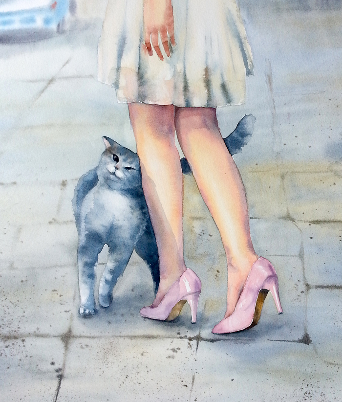 Beauty connoisseur. - My, Watercolor, Spring, cat, My, Drawing, Animals, Legs, Girls