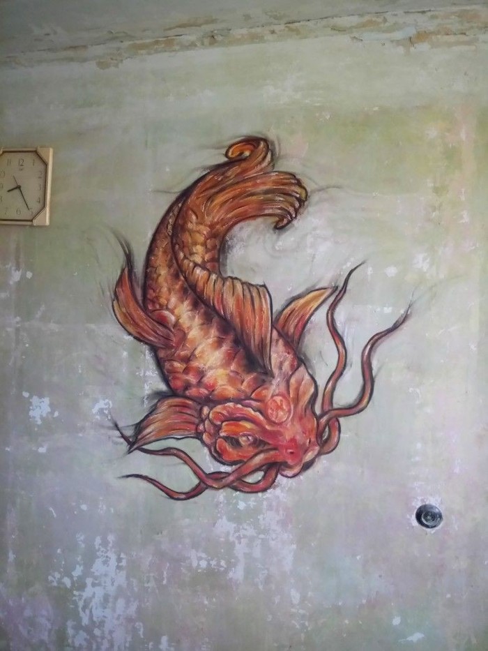 Traditional tattoo for the wall - Japanese carp - My, Painting, Pastel, Dry pastel, Carp, Drawing on the wall, Traditional art