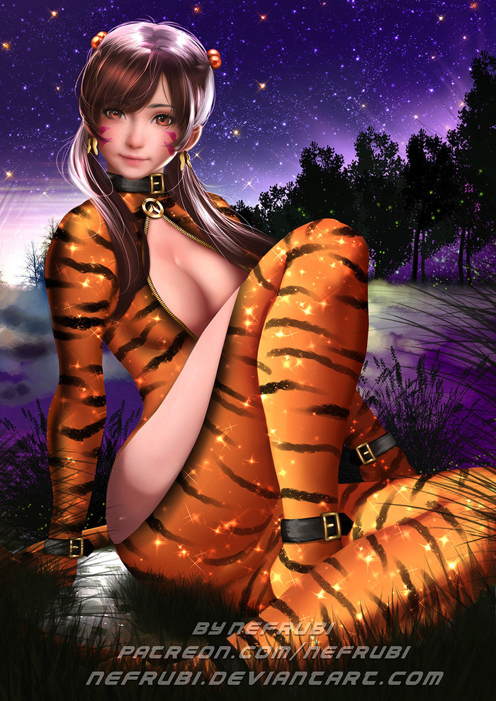 D.Va - Tiger (by NEFRUBI) Anime Art, Overwatch, Dva, ArtStation, Nefrubi, Tigersuit