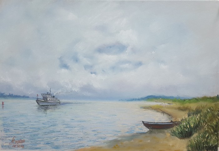 Oka near Serpukhov - My, Oka, Painting, River, Clouds, Landscape, Vessel, Pastel, Painting