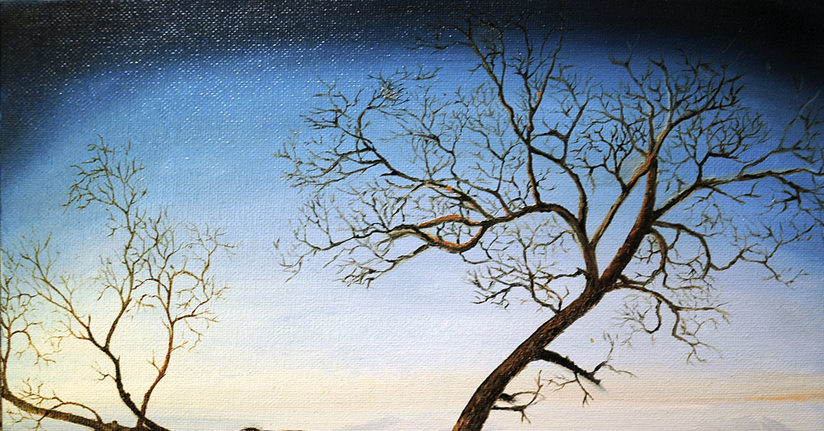 Деревья залитые водой. Цветущее дерево у залива в сумерках живопись. Картины на небольшом холсте. Горизонтальная маленькая картина. Картины Алекса Келли.