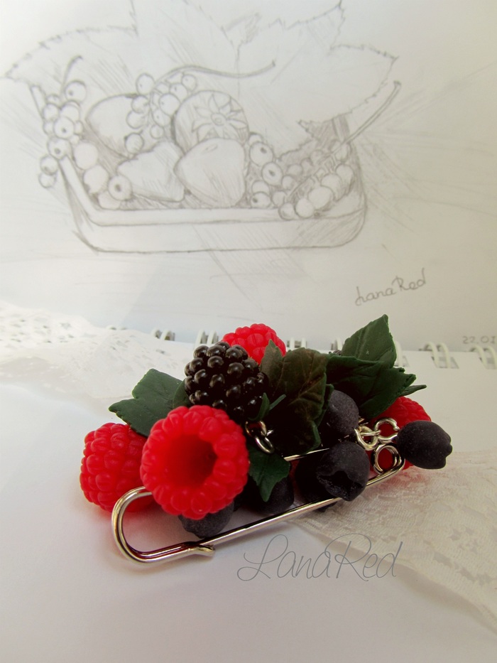Brooch with berries made of polymer clay - Berries, Brooch, Polymer clay, , Raspberries, , Handmade, Decoration